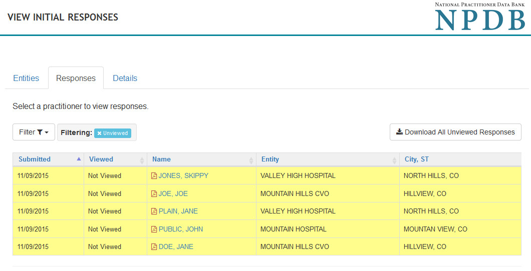 Screenshot of the new view initial responses page with Download All Unviewed responses button